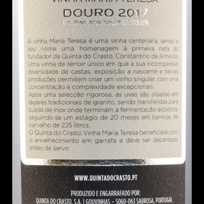 Etiqueta traseira de garrafa de vinho Quinta do Crasto Vinha Maria Teresa Douro 2017 com texto explicativo em português.