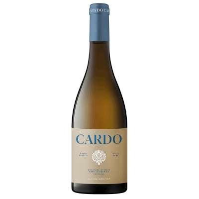 Garrafa de vinho branco CARDO com rótulo bege e azul e design floral