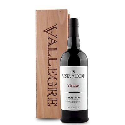Garrafa de vinho do Porto Vista Alegre Vintage com caixa de madeira.