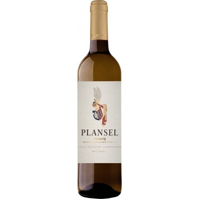 Garrafa de vinho branco Planisel com rótulo branco e desenho de pássaro