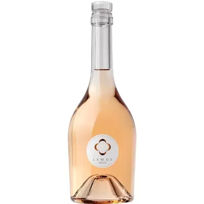 Garrafa de vinho rosé Lemos com rótulo branco e símbolo floral