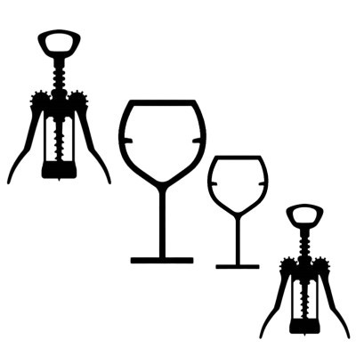 Símbolos pretos de dois saca-rolhas e dois copos de vinho em fundo branco