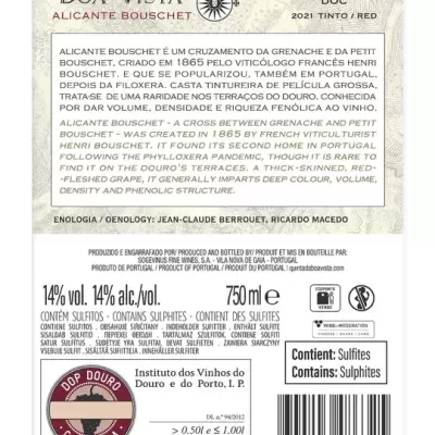 Etiqueta traseira de vinho tinto Douro DOC 2021 com texto e selo de garantia
