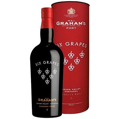 Garrafa de vinho do Porto Graham's Six Grapes com embalagem cilíndrica vermelha