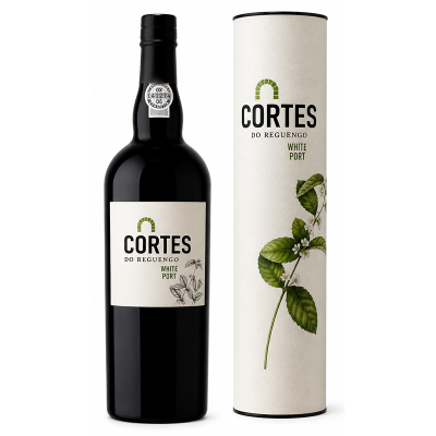 Garrafa de vinho do Porto branco Cortes do Reguengo com embalagem cilíndrica