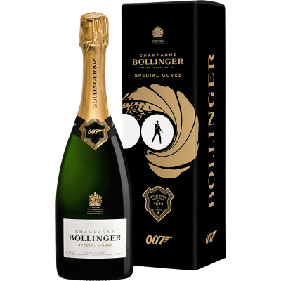 Champanhe Bollinger Special Cuvée com embalagem preta e dourada, edição 007