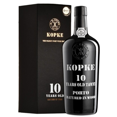 Garrafa de vinho do Porto Kopke 10 anos com caixa preta