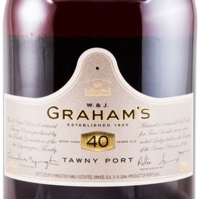 Garrafa de vinho do Porto GRAHAM'S Tawny 40 anos com rótulo creme e dourado