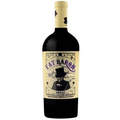 Garrafa de vinho tinto Shiraz Fat Baron com rótulo em preto e roxo
