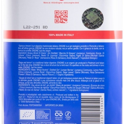 Rótulo de garrafa de bebida alcoólica com texto em vermelho, azul e branco e código QR