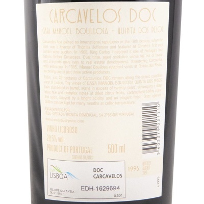 Etiqueta vinho licoroso Carcavelos DOC com informações de volume, álcool e origem