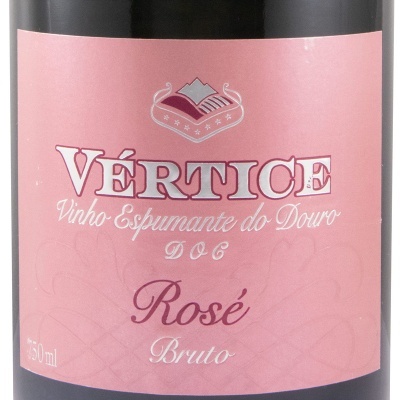 Rótulo rosa de vinho espumante rosé Vértice com texto branco e púrpura