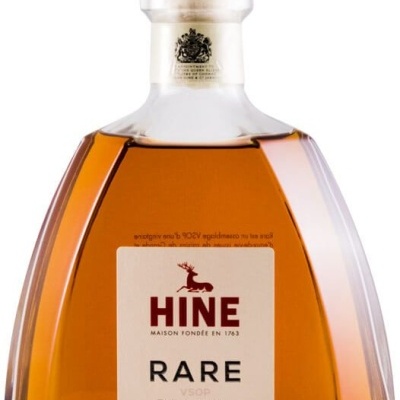 Garrafa de licor HINE RARE com tampa de madeira e rótulo branco