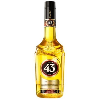 Garrafa de Licor 43 Original, vidro transparente com líquido amarelo, rótulo preto e vermelho