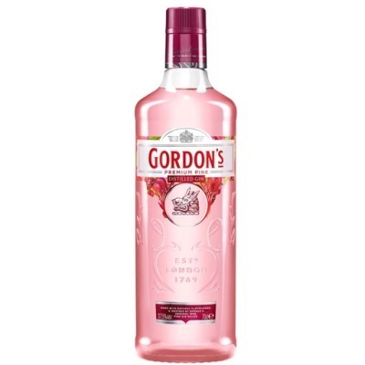 Garrafa de gin Gordon's Premium Pink rosa com rótulo branco e vermelho