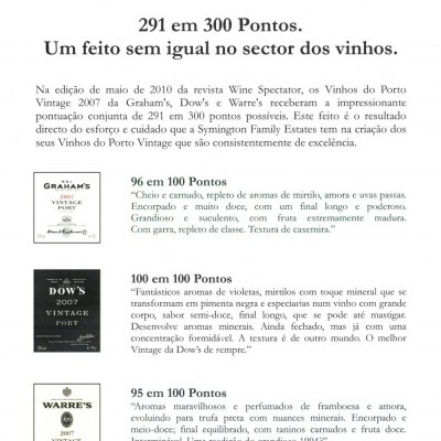 Texto informativo em português sobre pontuações e descrições dos vinhos do Porto Vintage 2007 Graham's, Dow's e Warre's.