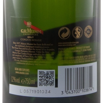 Etiqueta traseira garrafa champanhe G.H. Mumm Brut Cordon Rouge