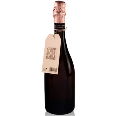 Garrafa escura com cápsula e rolha cor-de-rosa e etiqueta pendurada