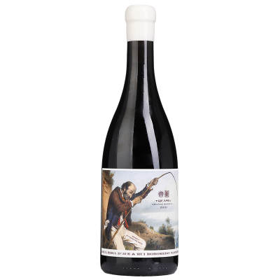 Garrafa de vinho com rótulo ilustrado e texto