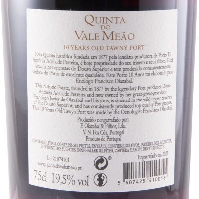 Etiqueta traseira de garrafa de vinho do Porto Quinta do Vale Meão 10 anos Tawny Port com texto e código de barras