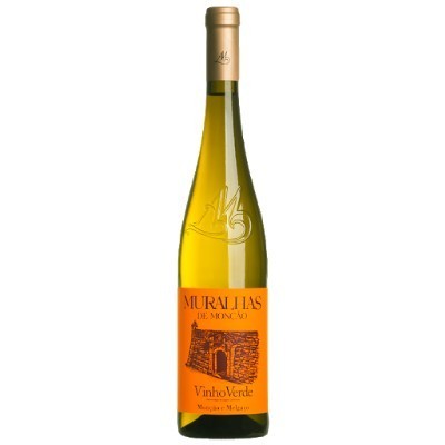 Garrafa de vinho verde Muralhas de Monção com rótulo laranja, transparente com tampa dourada