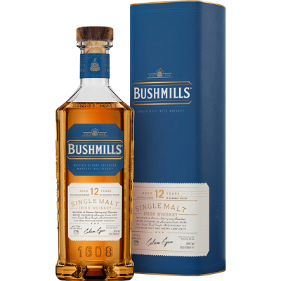 Garrafa de whiskey Bushmills Single Malt 12 anos com caixa azul