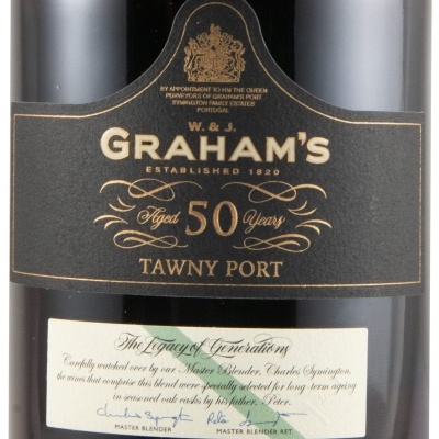 Garrafa de Vinho do Porto Tawny Graham's envelhecido 50 anos com rótulos preto e branco