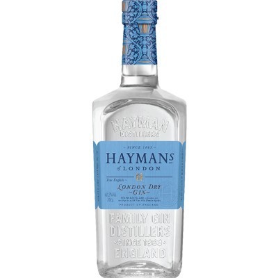 Garrafa de gin Haymans of London com rótulo azul e texto gravado