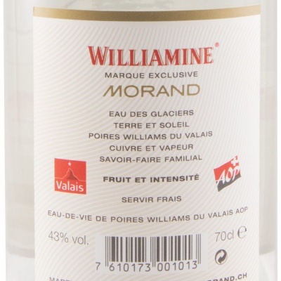 Rótulo de garrafa de bebida alcoólica transparente com texto em francês e elementos gráficos em vermelho e dourado