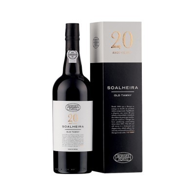 Garrafa de vinho do Porto Soalheira Old Tawny 20 anos com caixa preta e cinza
