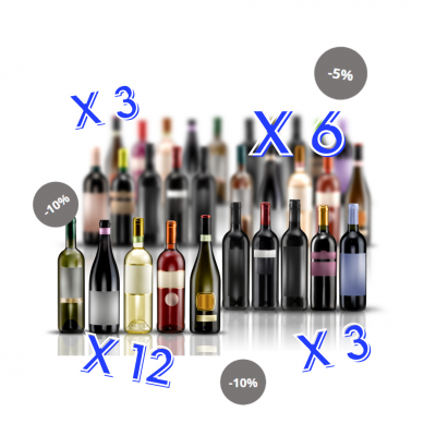 Garrafas de vinho variadas com etiquetas coloridas e descontos indicados