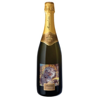 Garrafa de espumante com rótulo artístico e tampa dourada