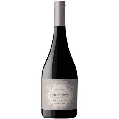 Garrafa de vinho tinto QUINTA NOVA RESERVA TINTO 2018 com rótulo branco e tampa cinzenta
