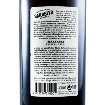 Rótulo de vinho Madeira Malvasia Reserva Velha da marca Barbeito com texto e informações