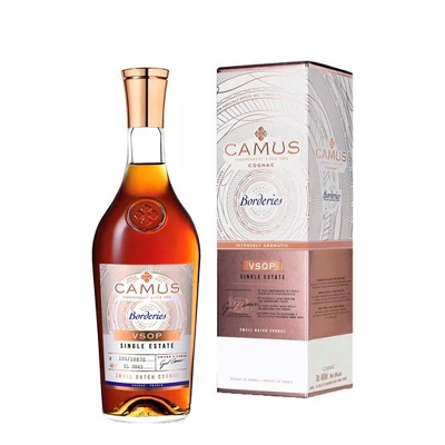 Garrafa e caixa de conhaque Camus Borderies VSOP Single Estate