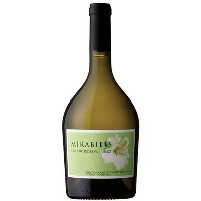 Garrafa de vinho branco Mirabilis com rótulo verde e flores brancas