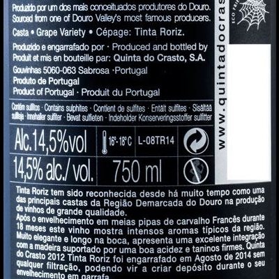 Rótulo traseiro de vinho tinto Quinta do Crasto Tinta Roriz 2012 com texto detalhado e informações técnicas