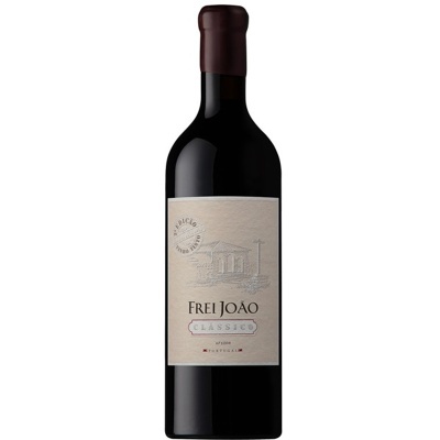 Garrafa de vinho tinto Frei João Classic com rótulo creme e selo vermelho