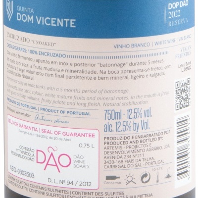 Rótulo de garrafa de vinho branco Quinta Dom Vicente com informações detalhadas