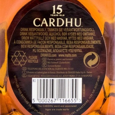 Etiqueta traseira do whisky Cardhu 15 anos com texto e código de barras