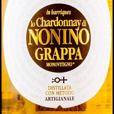 Rótulo de garrafa de grappa Chardonnay Nonino em amarelo e branco