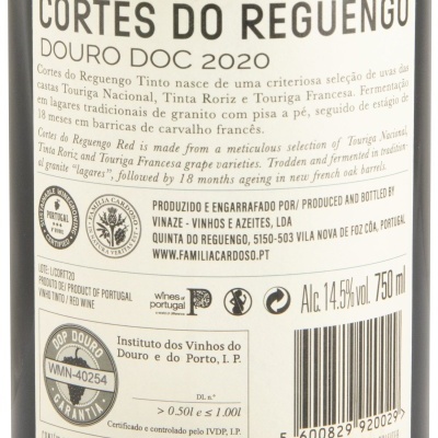 Etiqueta de vinho Cortes do Reguengo Douro DOC 2020 com texto detalhado
