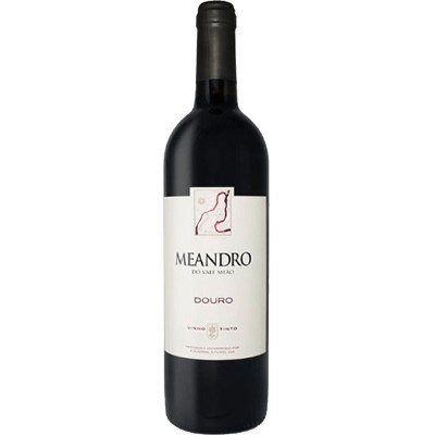 Garrafa de vinho tinto MEANDRO DO VALE MAURO com rótulo branco e desenho vermelho e preto.
