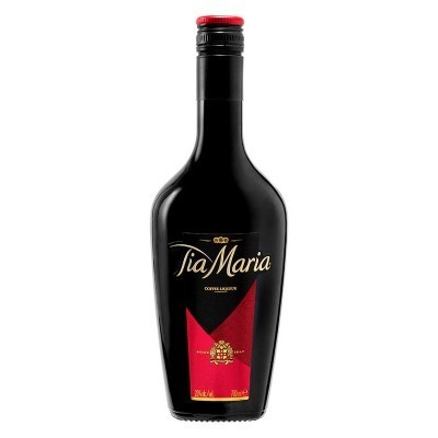 Garrafa preta de licor Tia Maria com rótulo preto e vermelho