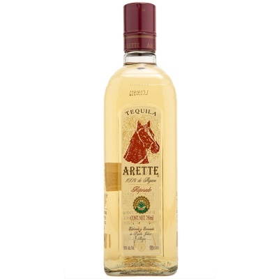 Garrafa de tequila Arette Reposado 750ml com rótulo amarelo e tampa vermelha