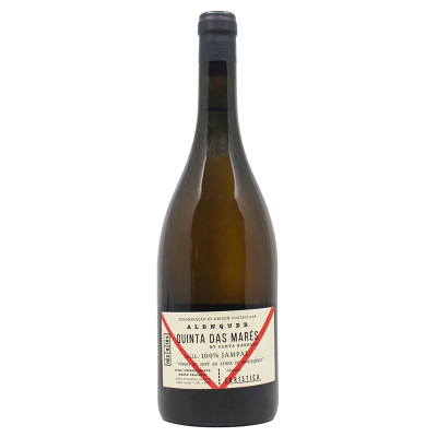 Garrafa de vinho branco Quinta das Marés, rótulo branco com texto preto e detalhes vermelhos