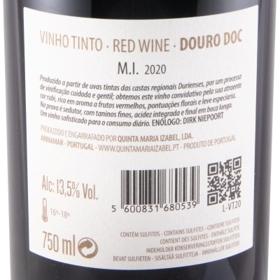 Etiqueta traseira de garrafa de vinho tinto Douro DOC com texto, código de barras e QR