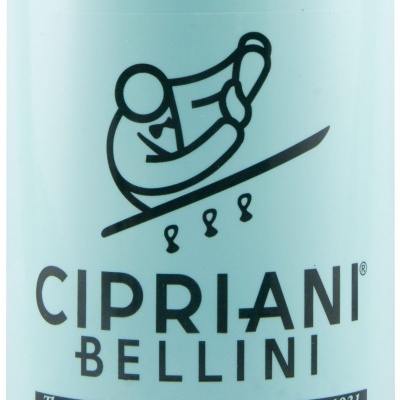 Produto branco com texto preto Cipriani Bellini e ícone de pessoa a segurar copo