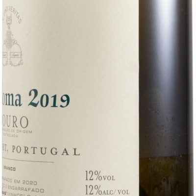 Garrafa de vinho branco com rótulo indicando Douro Portugal, safra 2019, 12% vol, 750 ml