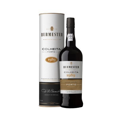 Garrafa de vinho do Porto Burmester Colheita 1989 com embalagem cilíndrica